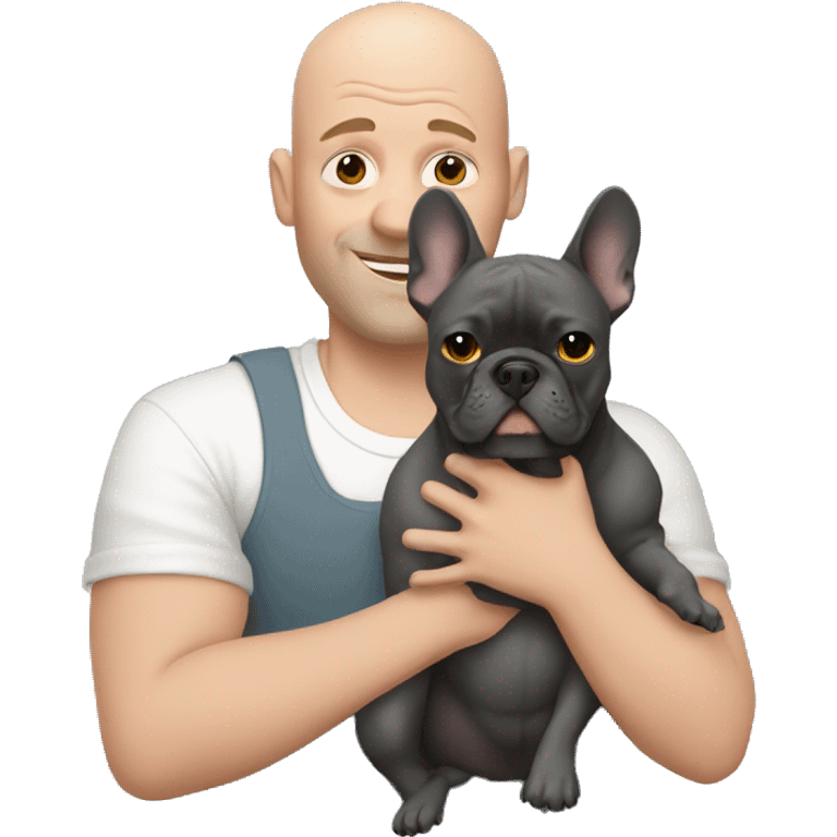 Bald man holding dark grey french bulldog  emoji