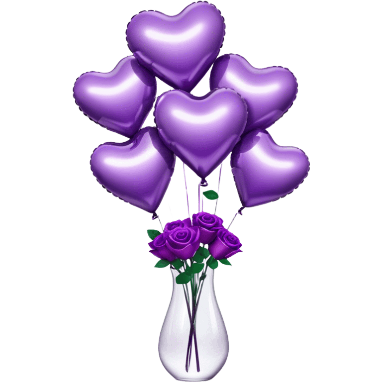 "A cluster of metallic heart-shaped balloons in varying shades of purple, floating beside a sleek glass vase filled with matching roses."
 emoji