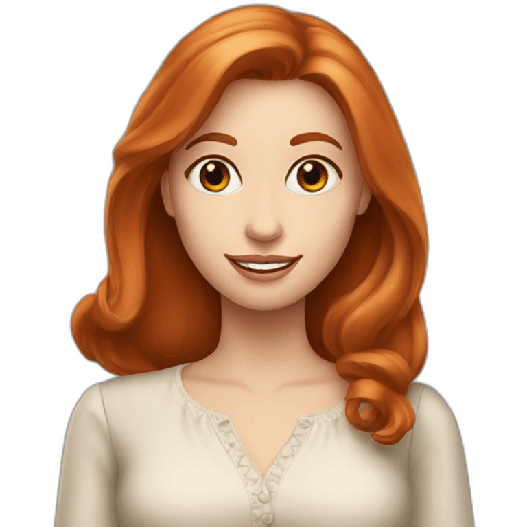 redhead white woman with medium long straight hair, greetting, wearing romantic blouse emoji