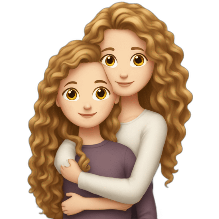 White girl with long brown curly hair hugs white girl with light brown straight hair  emoji