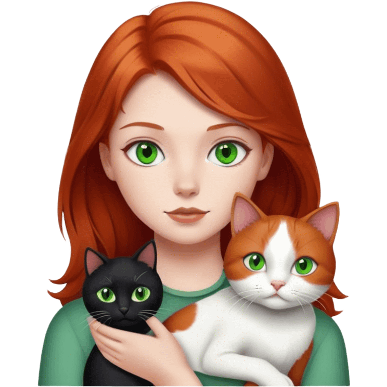 red headed girl with black and white cat and green eyes emoji