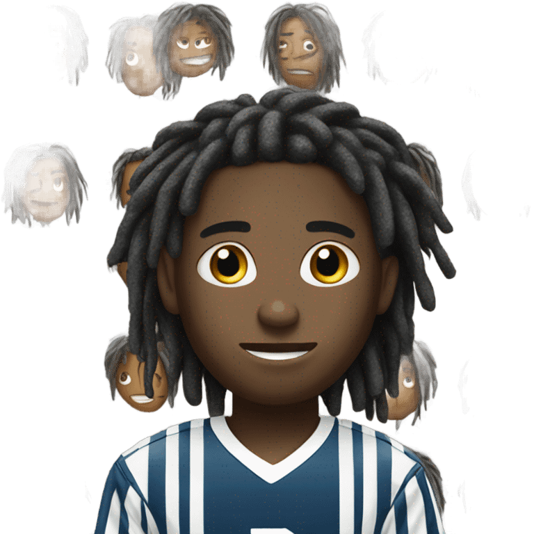 black boy with medium length dreads holding a black and white round football  emoji