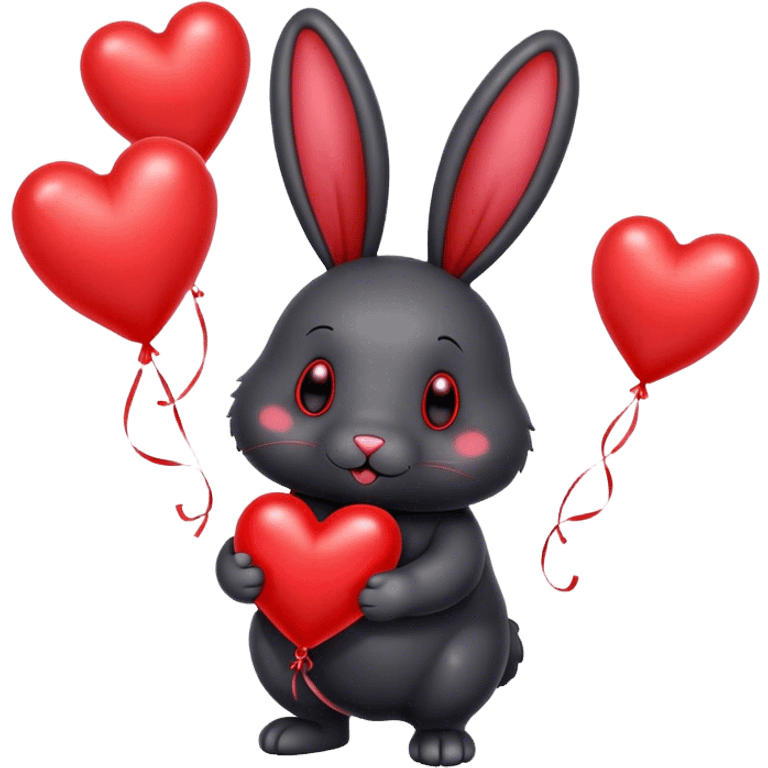 fat black rabbit with drooping ears and red metallic heart-shaped balloons emoji