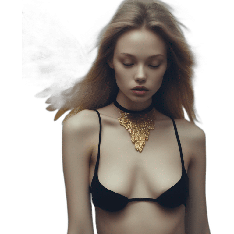 lada 2207, david bellemere, Bare belly, Wings, Choker, Bathed in shadows, FOV 90 degrees, short lighting, L USM, Cold Colors, gilded technique, extremely hyper aesthetic, absurdres emoji