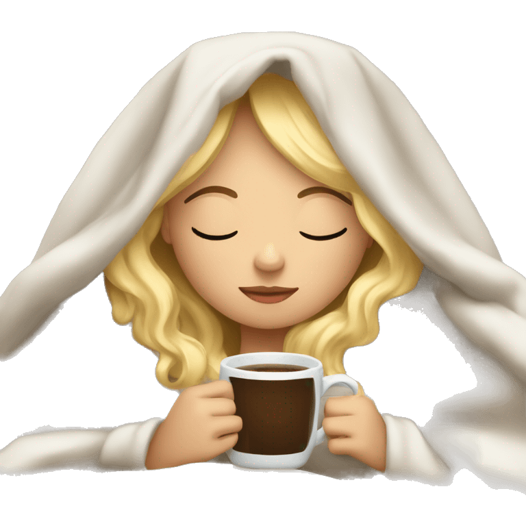 Blonde girl inside a blanket sipping coffee eyes closed emoji