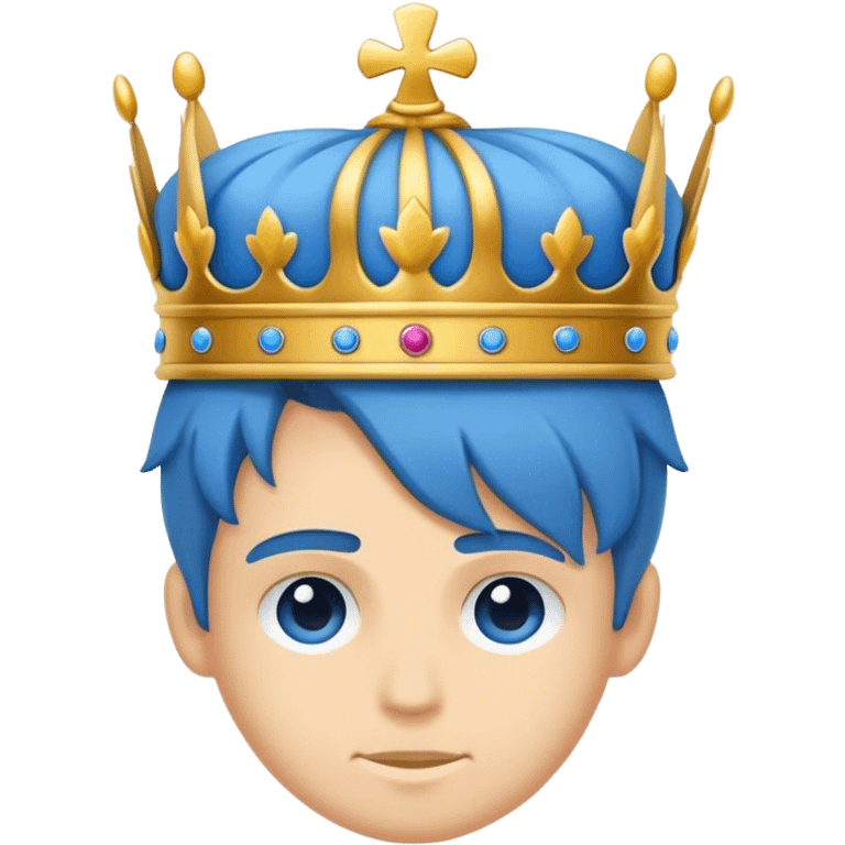 Ein lachender Junge mit sehr wenig Haare mit einer Krone auf dem Topf in blau emoji