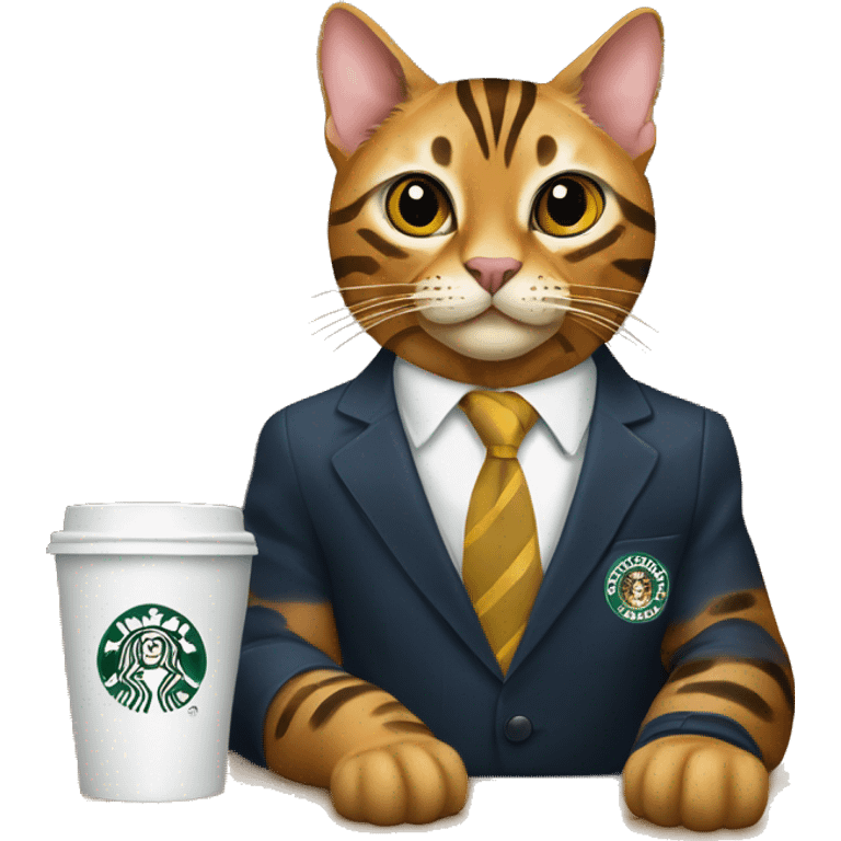 Bengal cat wearing a suit with a Merrill lynch employees badge holding a Starbucks coffee  emoji