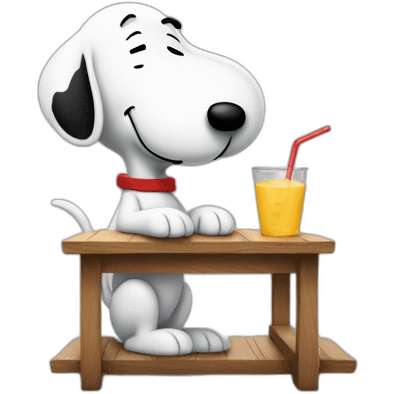 Snoopy holding a straw to his nose leaning over a table emoji