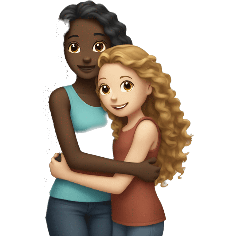 black girl with long curly hair hugging white girl with long brown hair emoji