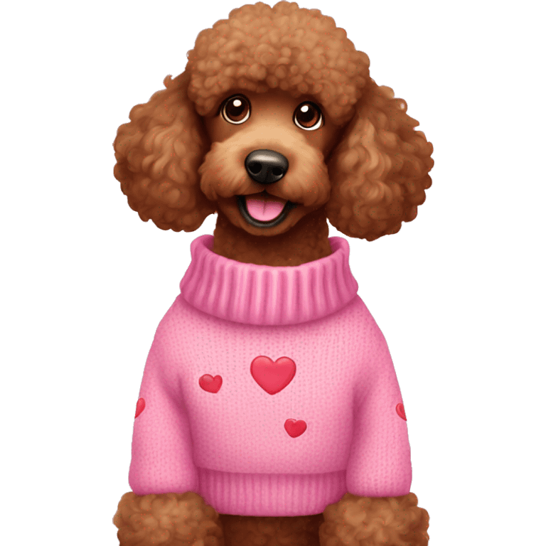 brown poodle in pink sweater with hearts emoji