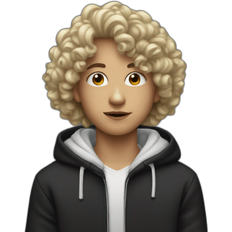 A white teenager with curly hai and big nose with black hoodie emoji