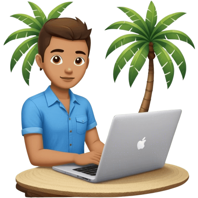 A digital nomad in bali working on a laptop wearing a tropical blue shirt with a palm tree on the side emoji