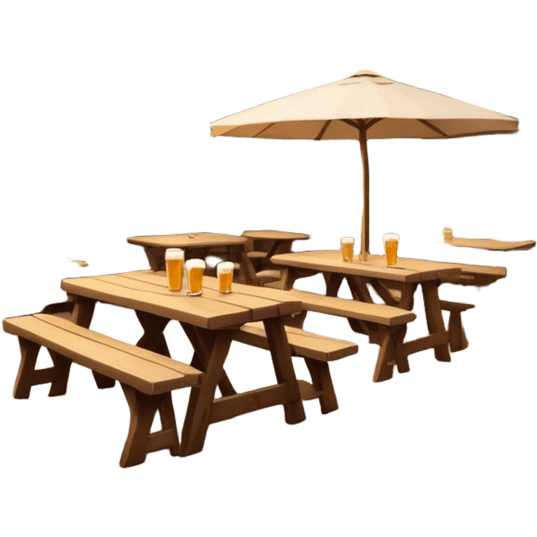 Cinematic Realistic Biergarten Pop Culture Emoji, showcasing a charming outdoor beer garden scene rendered with rustic details and inviting, soft lighting. emoji