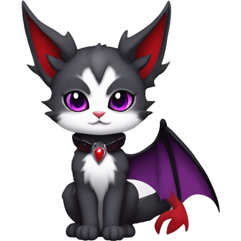 Anthro-Cute-Edgy-Cool-Vampiric-Batty-Cat-Black-Purple-Red-Grey-White-Yellow-Contrast-Colors-Fantasy-Fur-Sona-Chibi-Shiny-Fakémon-Hybrid with horns and fangs and collar full body emoji