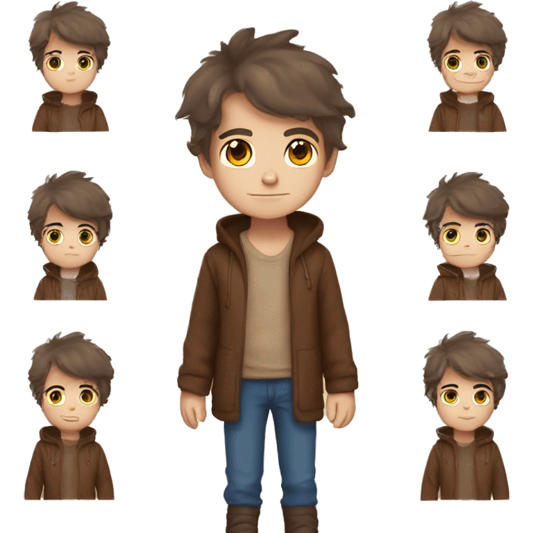 Create a boy in teddy bear cosplay cozy clothes brown clothing a boy have blue eyes and darker hair  emoji