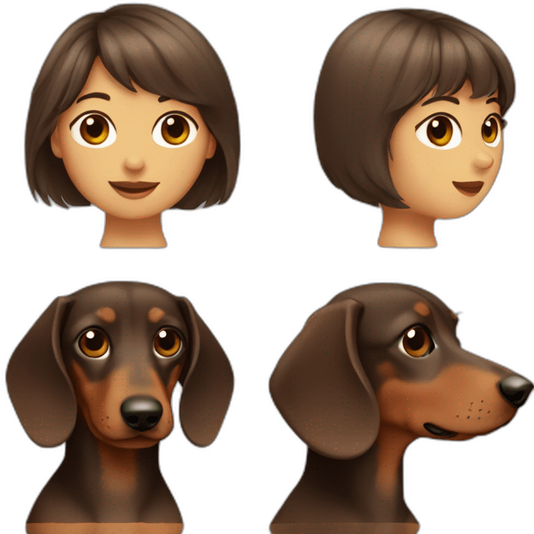 A woman with shoulder length brown hair and bangs. A rough haired dachshund. emoji