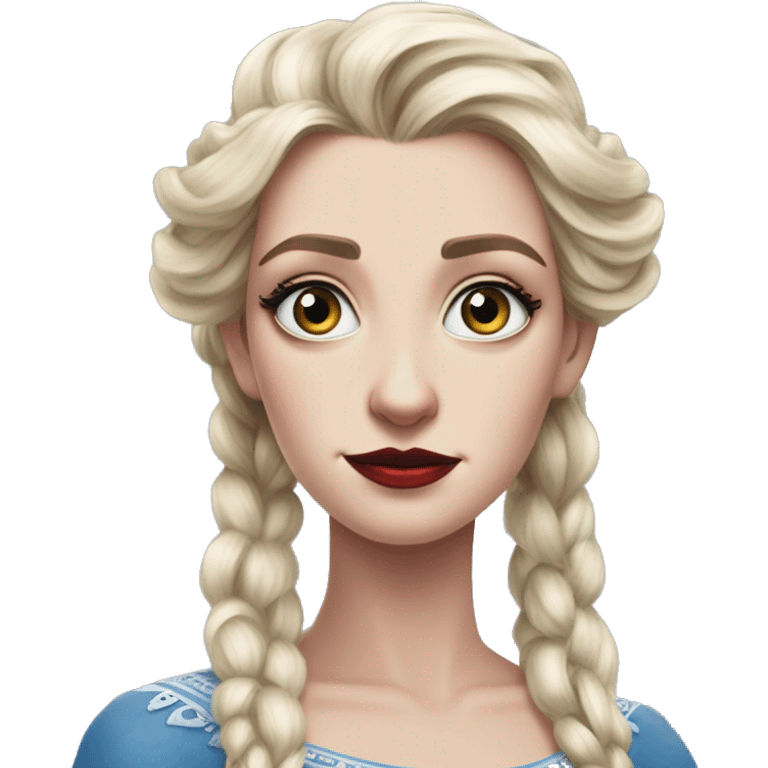 US president Elsa in Warcraft style, oil paint, mysterious eyes, intricate lips, masterpiece pose, odd perspective, beautiful, desirable, logical, midsommar, ikea emoji