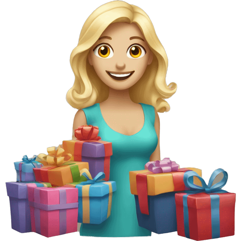 happy blonde woman with a lot of gifts emoji