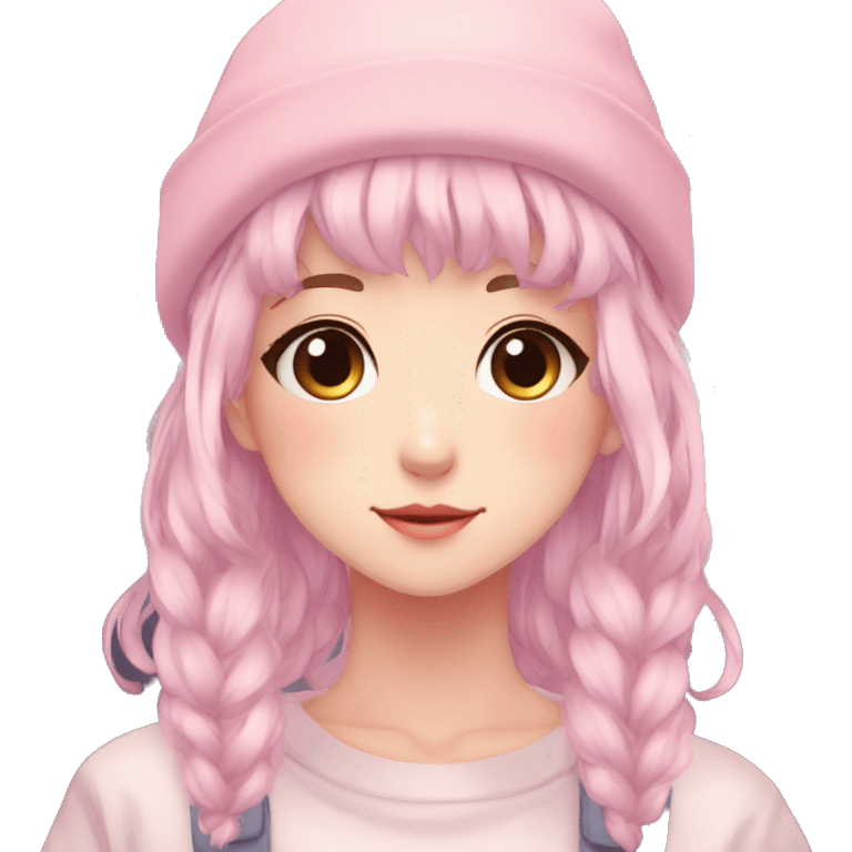 Gorgeous pastel anime girl with blushing face and hair garnitures and pretty hair and a beanie aesthetic trending style emoji