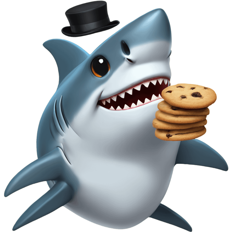 Shark eating cookies while wearing a top hat emoji