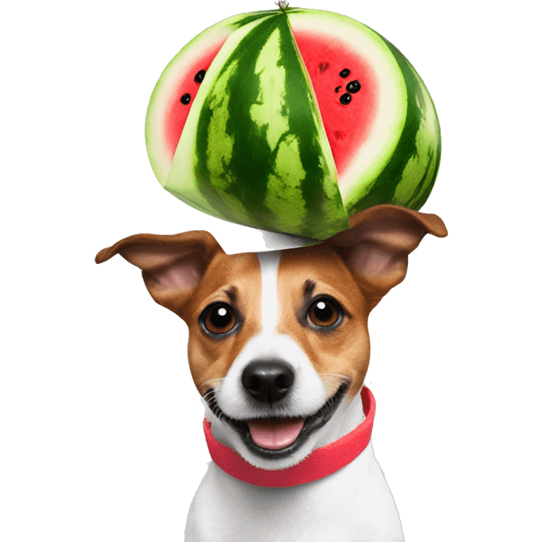 a jack russel with a watermelon on his head making a helmet of himself emoji