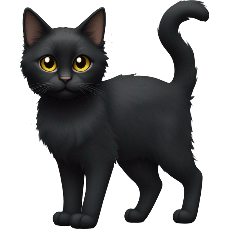 One petite, solid black furred cat. Light yellow eyes. Black pointed tufts of long fur at only the very tip-top points of its ears like a lynx. Fully body black and no other color markings. Facing forward and standing with ears slightly tilted. emoji