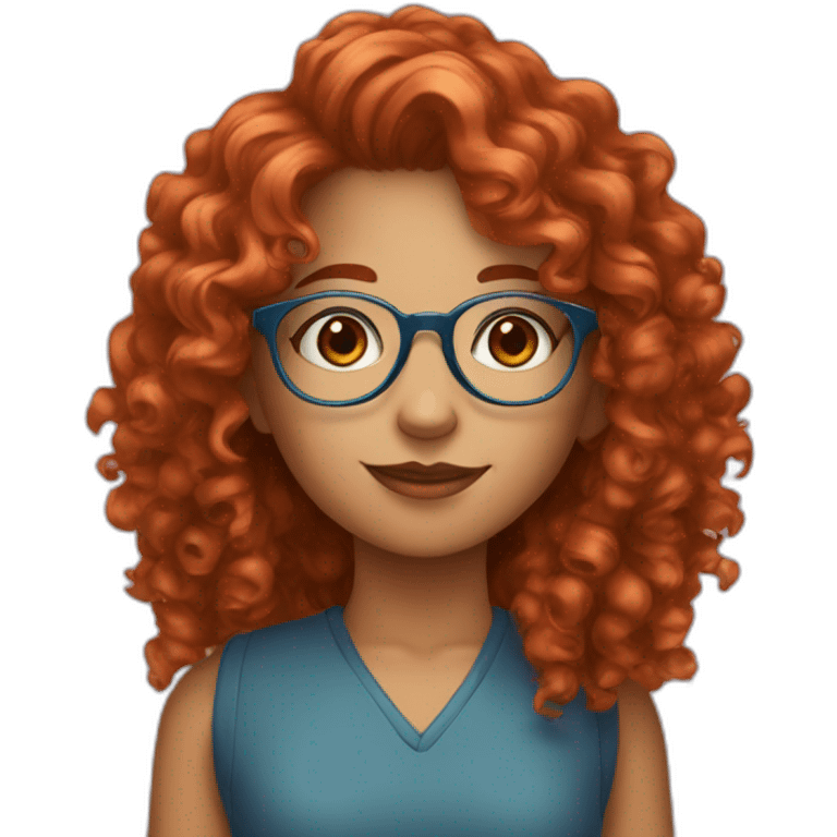 pretty girl with curly copper hair and blue glasses holding a big banner emoji