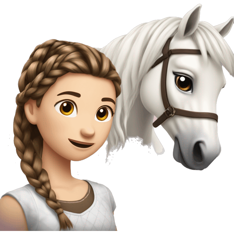 Two girls, one brunette and one a bit lighter are braiding a white horses hair. The faces of the girls are not seen. Show the braids of the horse emoji