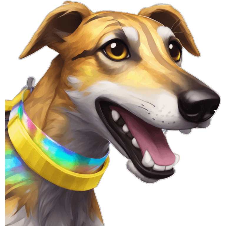  brindle brown black maroon striped lurcher Alsatian fox running blue eyes and iridescent holographic oilslick harness wearing paper iridescent tropical flower crown yellow caution tape emoji