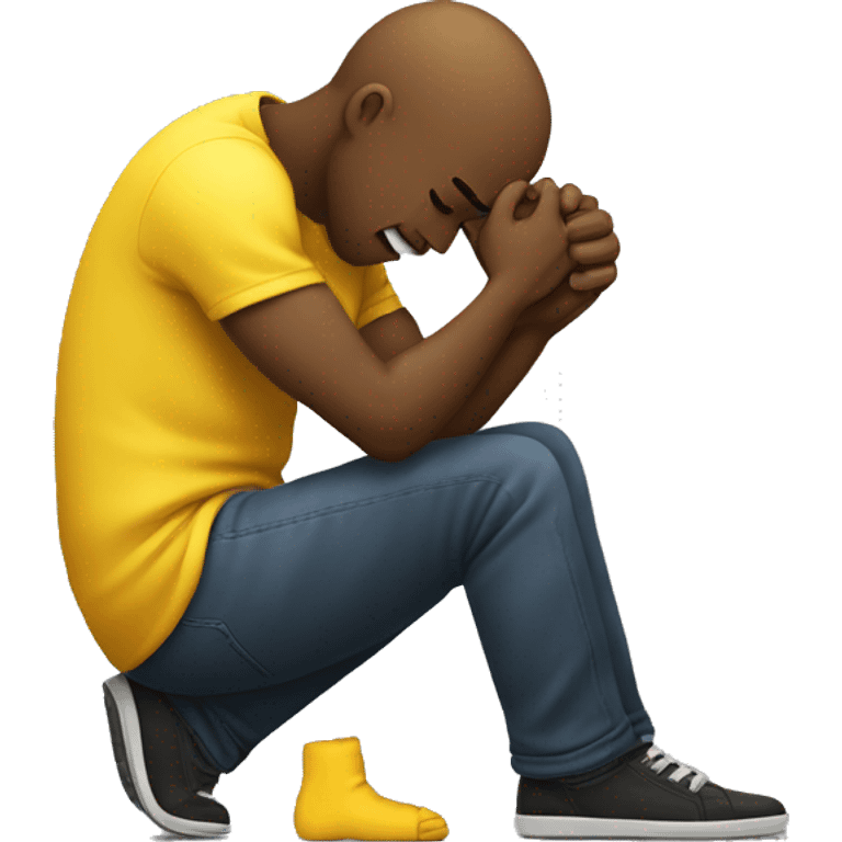 A yellow-skinned man kneeling and crying, trying to mend his girlfriend's broken heart. The heart is a broken emoji heart, highlighting the emotional scene. emoji