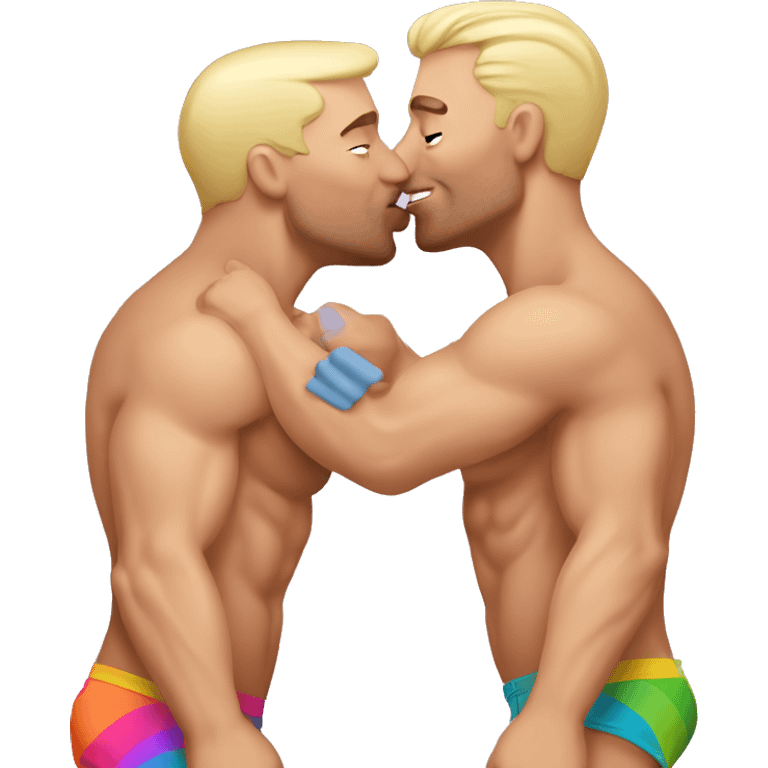 Caucasian Muscular gay men kissing wearing bikini emoji