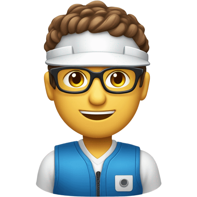 Tecnico electricista de color blanco,con cabello cafe y ojos cafe, con chaleco de seguridad azul y casco azul, gafas de trabajo, hombre, feliz emoji