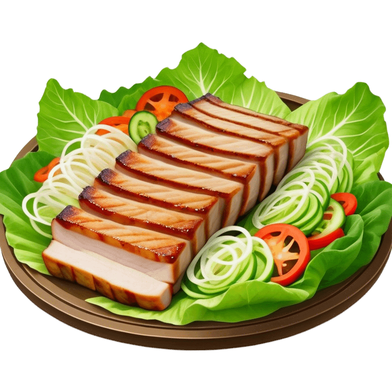 Samgyeopsal Cinematic Realistic Samgyeopsal Dish Emoji, depicted as slices of grilled pork belly served in crisp lettuce leaves with assorted fresh vegetables, rendered with dynamic textures and appetizing, natural lighting. emoji