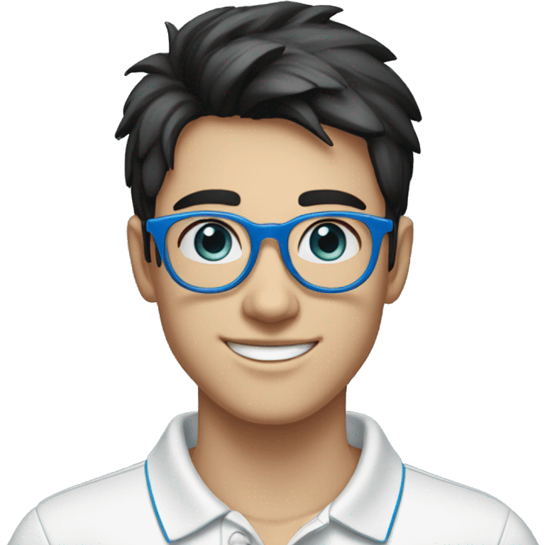 happy young man in his 20s, with black hair, blue eyes and light blue round glasses, white polo shirt with blue collar emoji