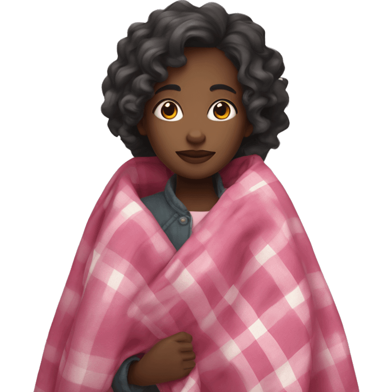 black girl with wavy long hair wrapped up in a pink plaid blanket  emoji