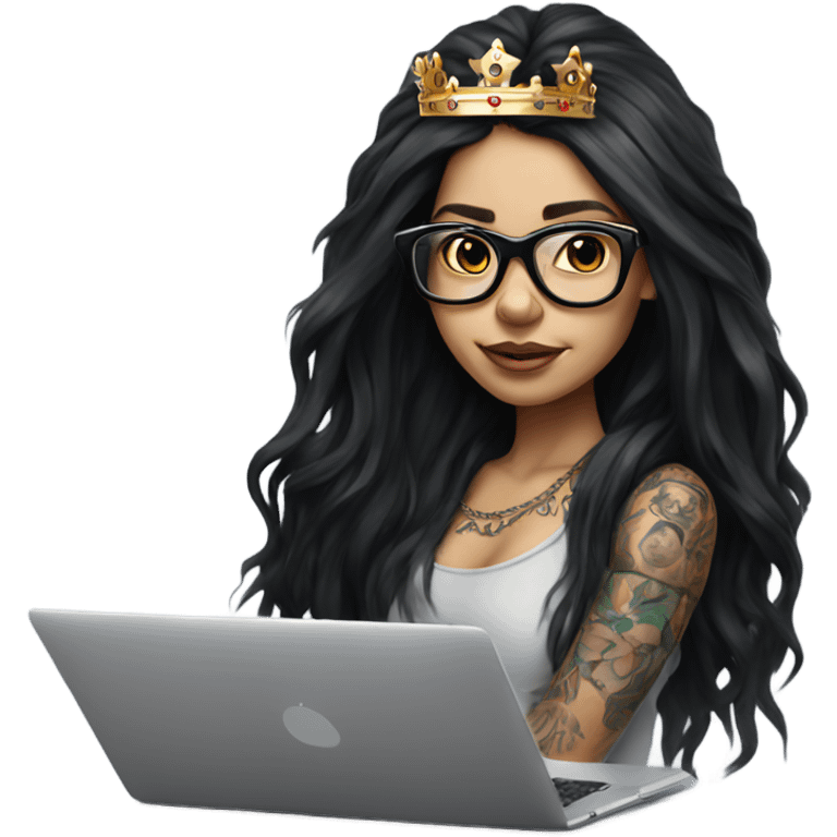 Hyperrealistic girl with black long hair wearing a crown and glasses tattoos laptop emoji