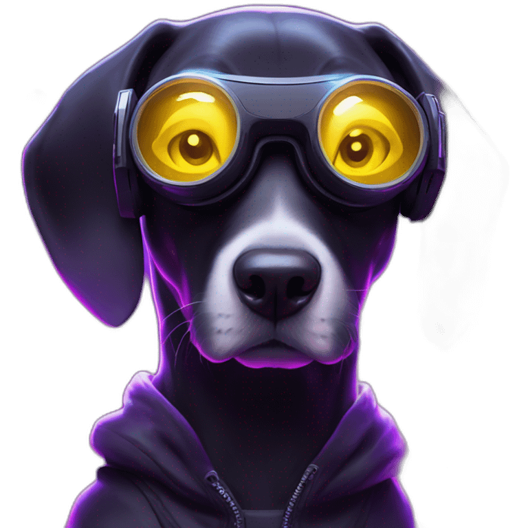 funny dog wearing a black hoodie with "OMG" letters on it and VR headset in a cyberpunk VR environment with violet neon lighting. emoji