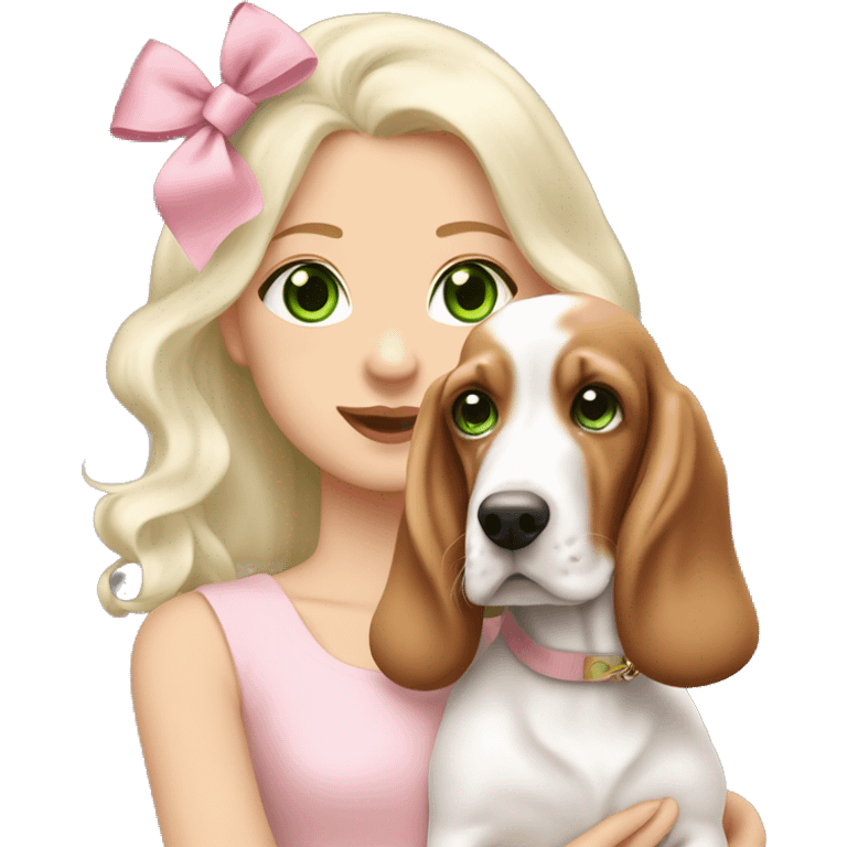 pale blonde girl with long platinum white wavy hair with bright green eyes and wearing a light pink hair bow holding a brown and white basset hound puppy also wearing a hair bow emoji