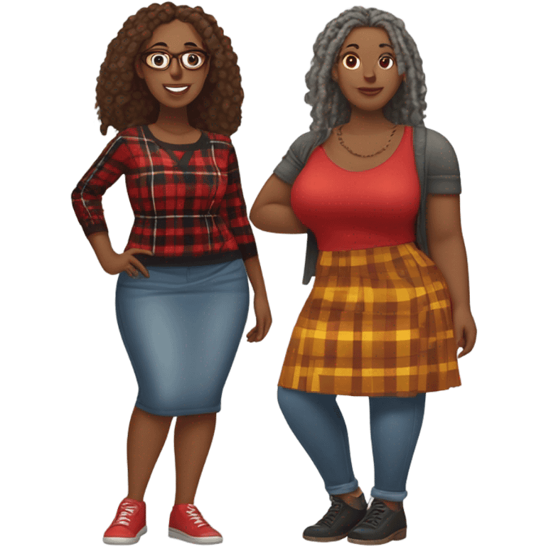 A Curvy woman gray locs wearing pants  other curvy woman is brown with red locs in a skirt with plaid sweater shopping emoji