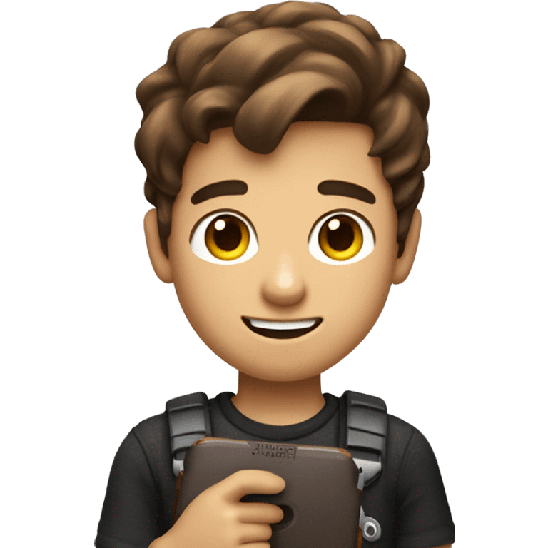 Create an emoji of a boy with brown hair and not-so-brown skin holding a Nintendo Switch and winking emoji