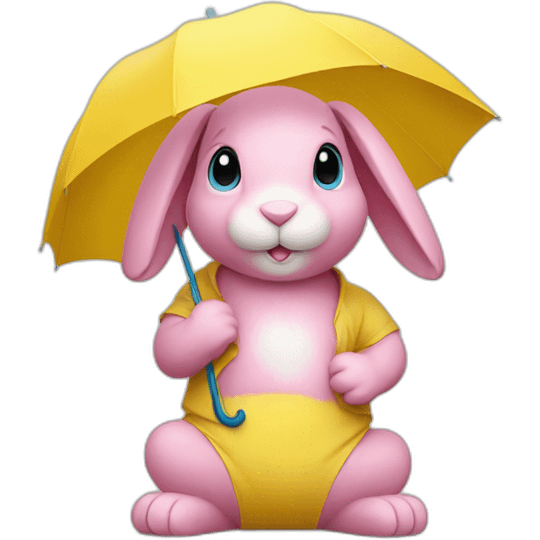 Pink rabbit wearing yellow tee shirt and blue umbrella emoji