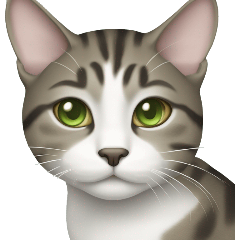 Brown-grey mackerel tabby cat with partially white face and green eyes emoji