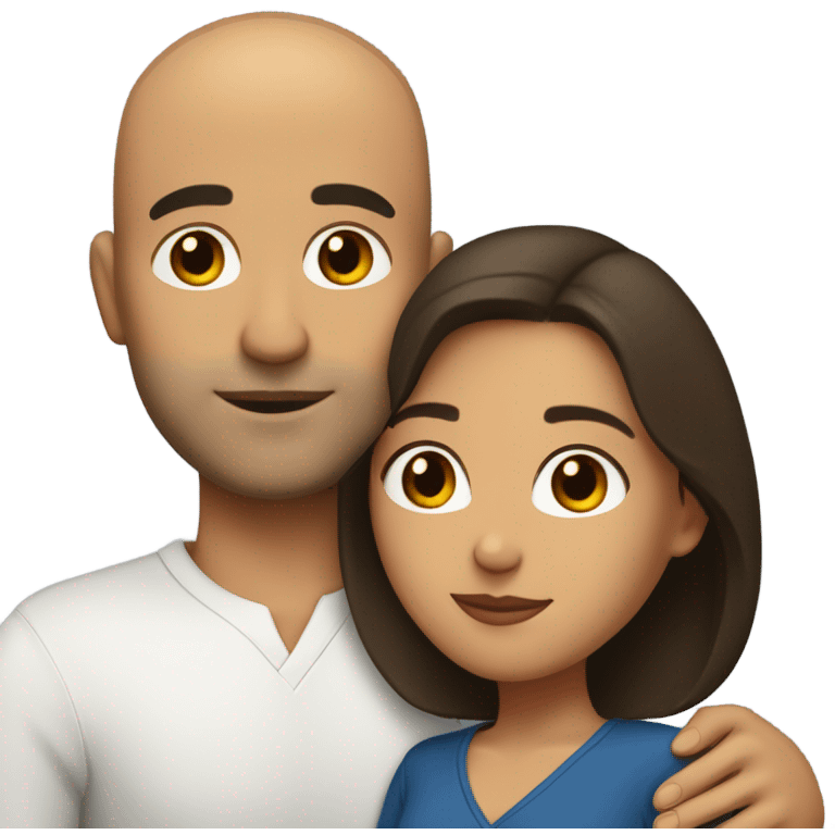 Comforting hug from brunette Puerto Rican with dark brown eyes to shorter bald male emoji