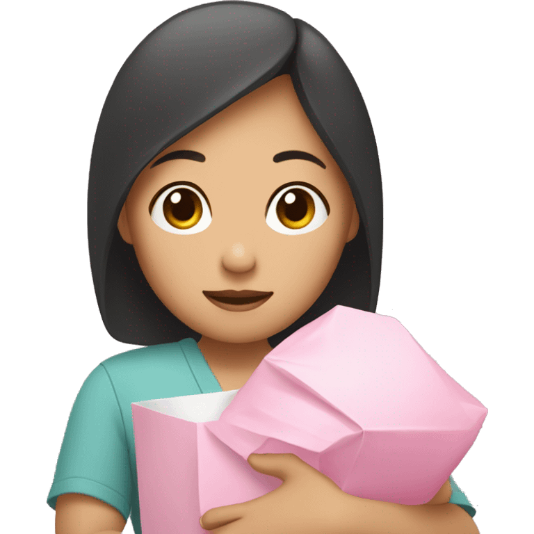 An Asian woman with a baby in her arms, holding a pink package emoji