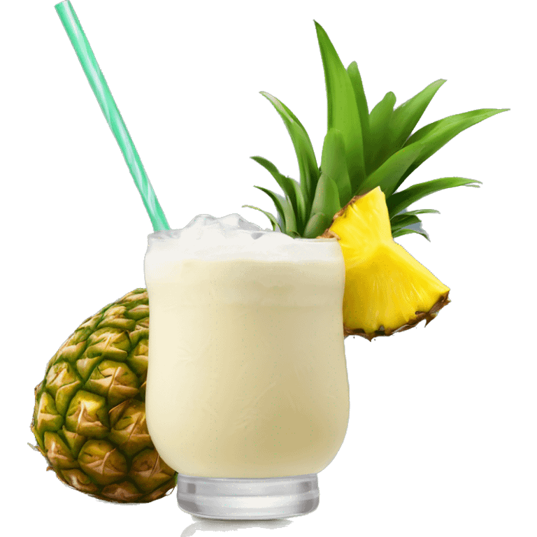 pina colada in a poco grange glass, with ice cubes. on the corner of the glass a pineapple, a leaf and a straw in brown emoji