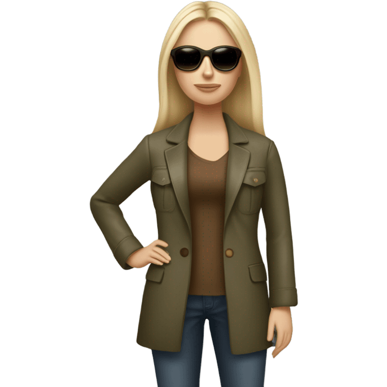 Realistic White woman with Long straight blonde hair and round sunglasses, camouflage Wool oversize blazer, bare legs and Brown leather boots  emoji