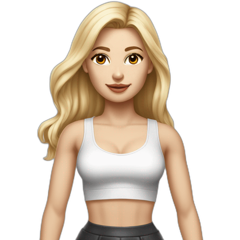 hyperrealist caucasian, long blonde hair, brown eyes, woman, white decollette tank top, gray tight mini skirt, black high heels, frontal view emoji