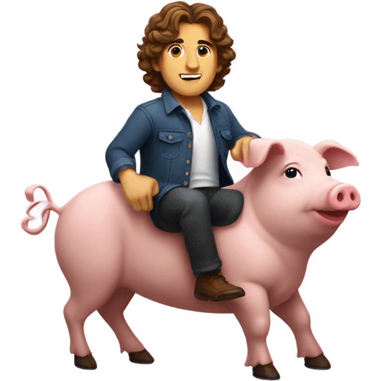 Man with medium-length wavy brown hair, riding a pig emoji