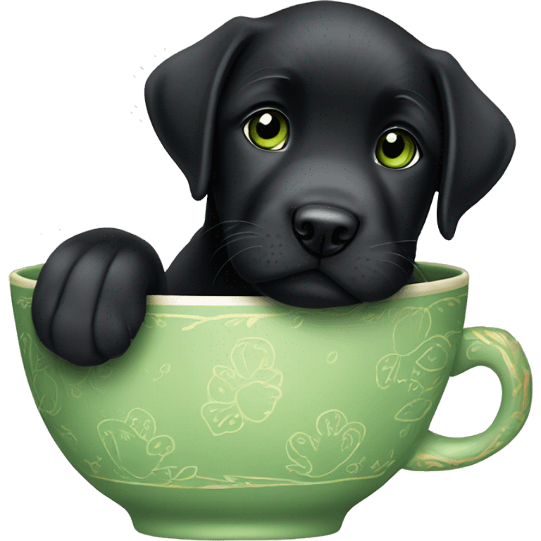 a black labrador puppy with green eyes sitting in a tea cup emoji