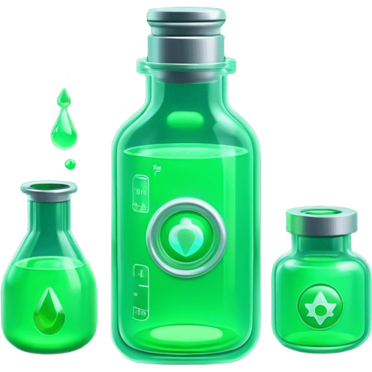 Clash of Clans aesthetic: Cinematic Playful Sci-fi green health pack Emoji, rendered in a 3D vector-style similar to standard emojis with minimal shading and bold, simplified shapes. A compact, futuristic vial with a glowing neon liquid and sleek contours, softly glowing with a healing cosmic charm. Simplified yet unmistakably iconic, highly detailed and consistent, glowing with a soft radiant glow and high shine. Stylized with a touch of futuristic alchemy and a soft glowing outline, capturing the essence of a vital energy elixir with a playful, interstellar spirit! emoji